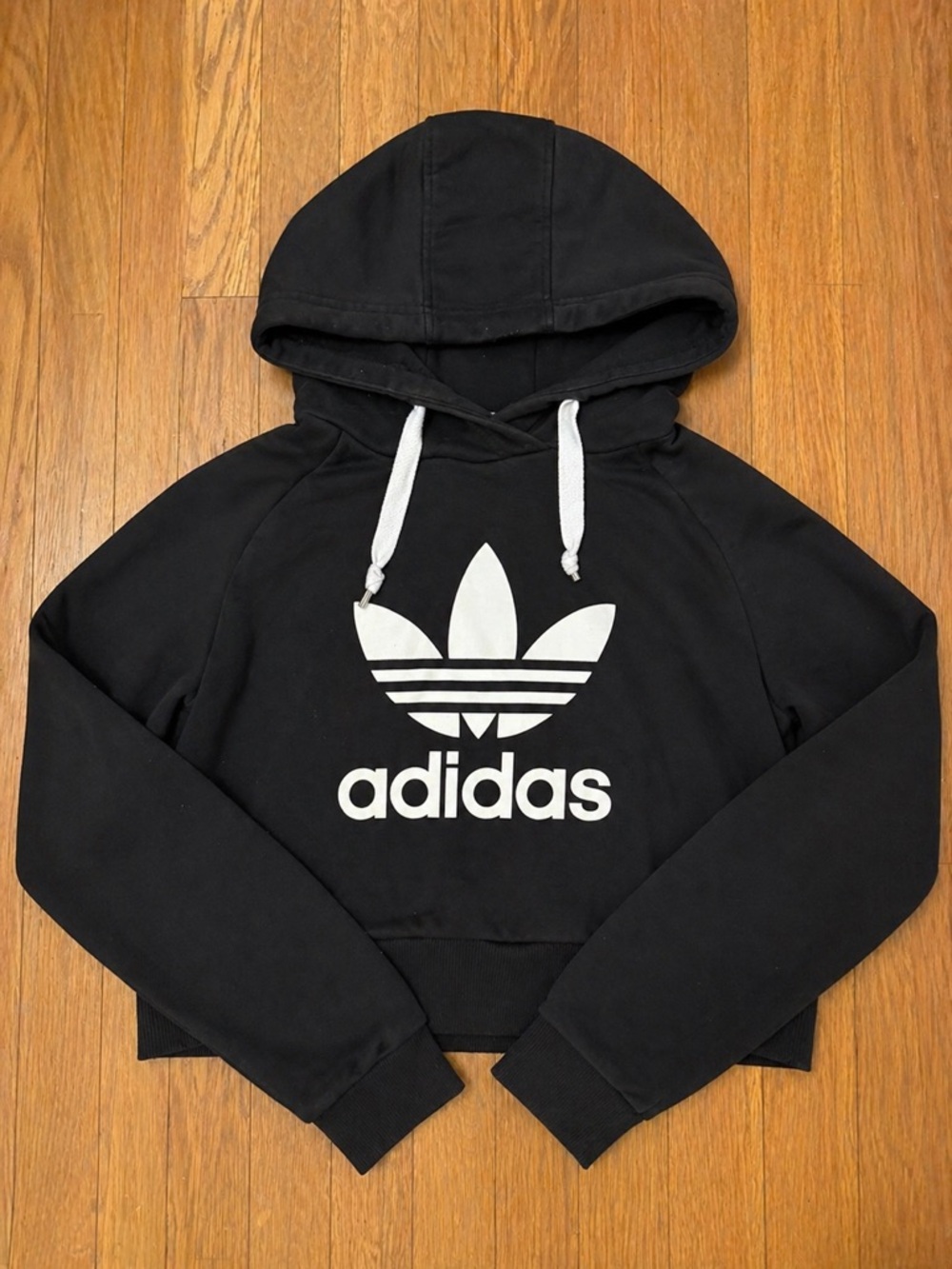 NWOT adidas Black Hoodie with White Trefoil Graphic